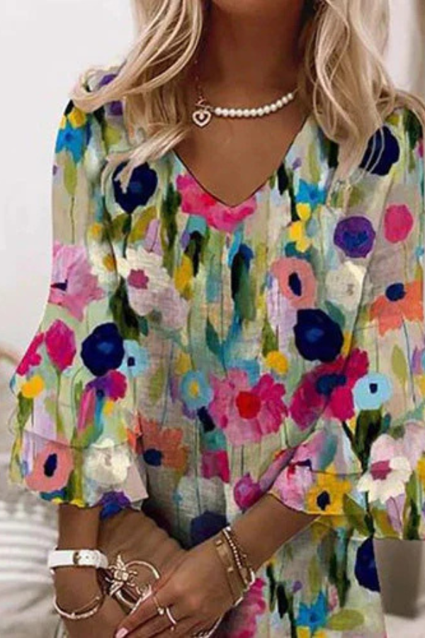 CD | Rochie mini romantică cu imprimeu floral și decolteu în V