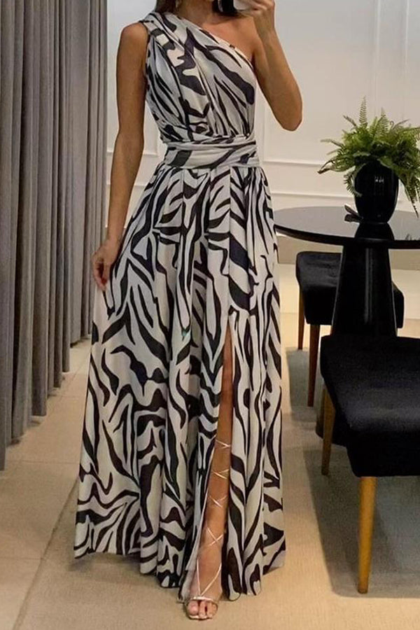 CD | Sexy One Shoulder Sleeveless imprimate rochie lungă cu Split spate