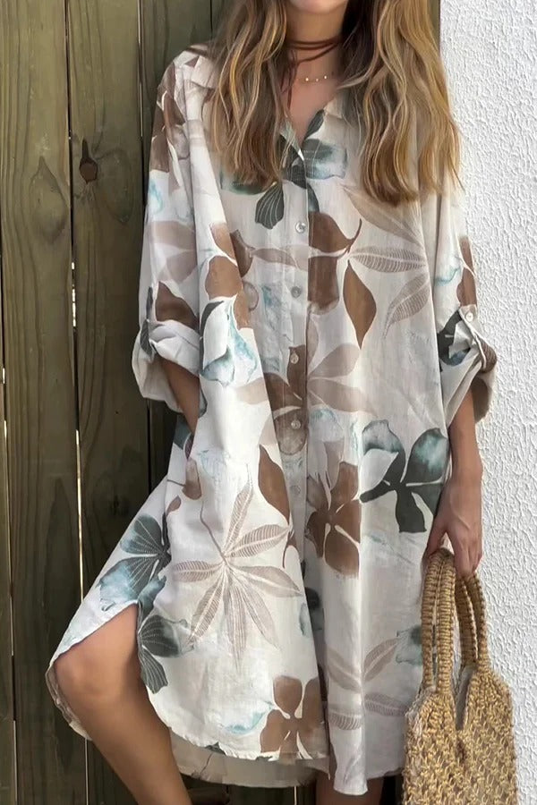 CD | Botanical Print Rochie midi lejeră cu mâneci lungi, cu o singură pieptănătură și buzunare
