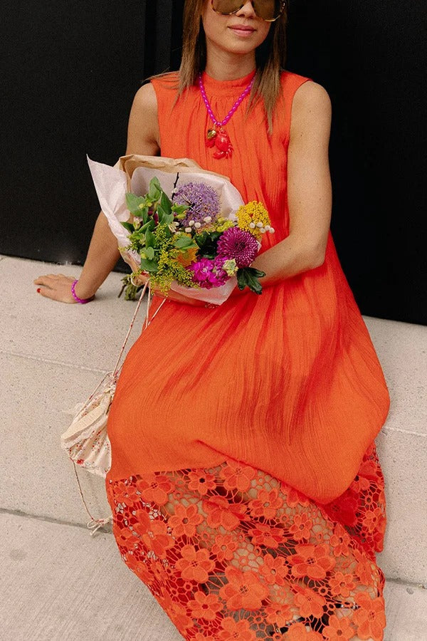 CD | Breezy Comfort cravată decolteu rochie maxi fără mâneci cu tiv dantelă florale