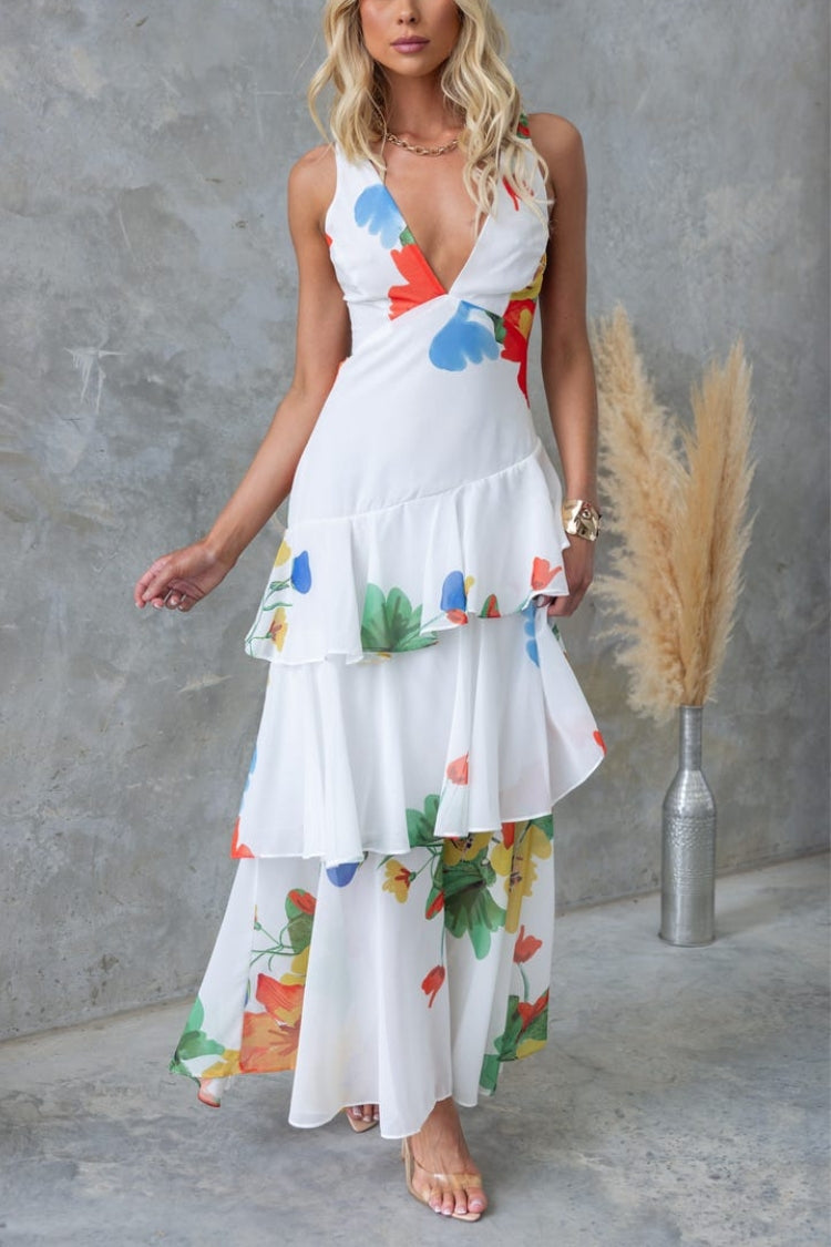 CD | REFRESHING FLORALE IMPRIMARE SPATE DANTELĂ-UP MULTI-TEIR RUFFLE TIV ROCHIE MAXI