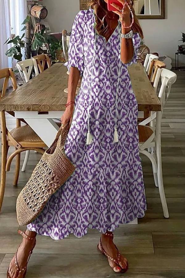 CD | Geometric print Casual V-neck rochie maxi