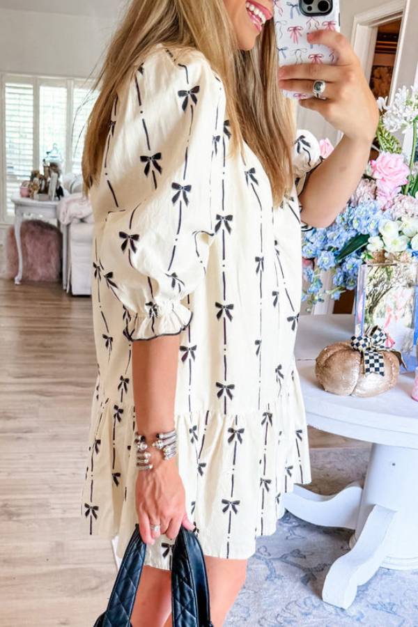 CD | Bej Cute Bowknot imprimat Bubble Sleeve V-Neck Mini Rochie