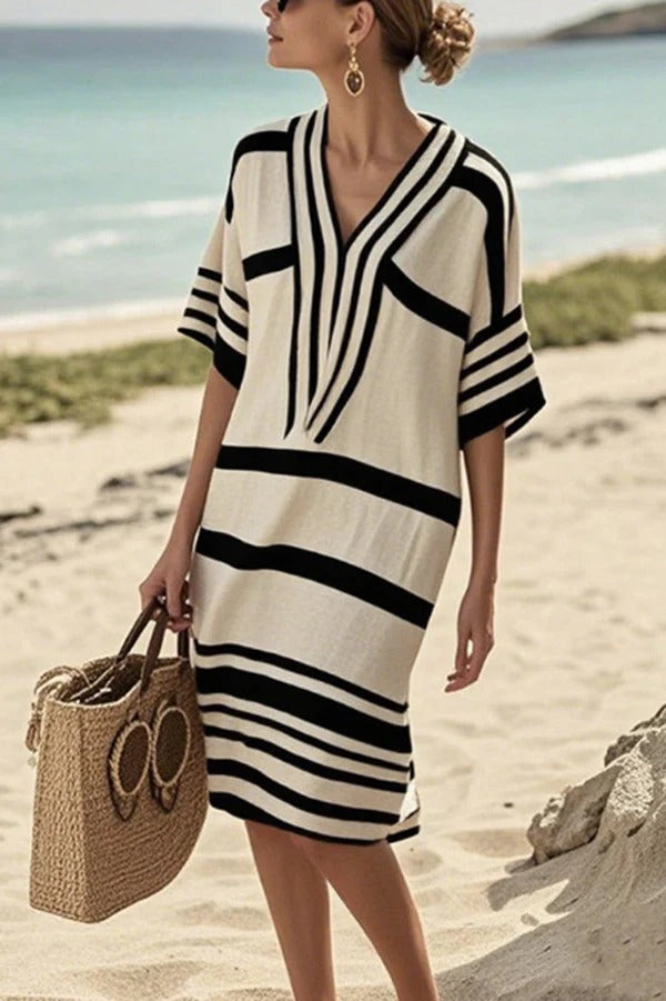 CD | Fashion Striped print V-neck Loose rochie midi pentru vacanțe