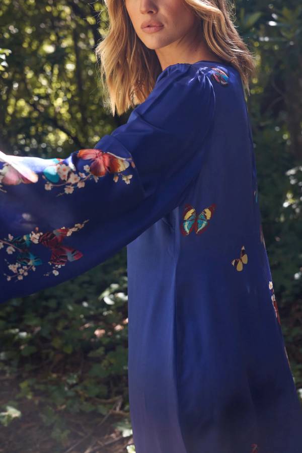 CD | Butterfly Print Navy Blue Rochie lungă cu mânecă lungă