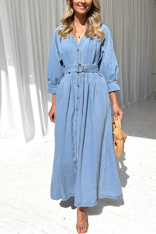 CD | Talie Rochie maxi casual din denim cu butonieră