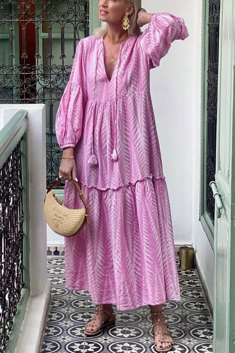 CD | Marrakech Stories Rochie midi imprimată în amestec de in, cu mâneci balon și buzunare A-line