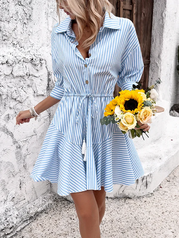 CD | Rochie mini cu jumătate de mânecă, largă, cu nasturi, cu cordon, cu dungi, cu rever cu ciucuri, rochie cămașă