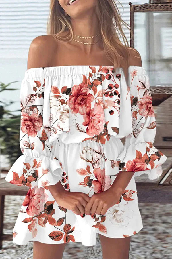 CD | It All Begins with Love Rochie mini imprimată cu umerii deschiși