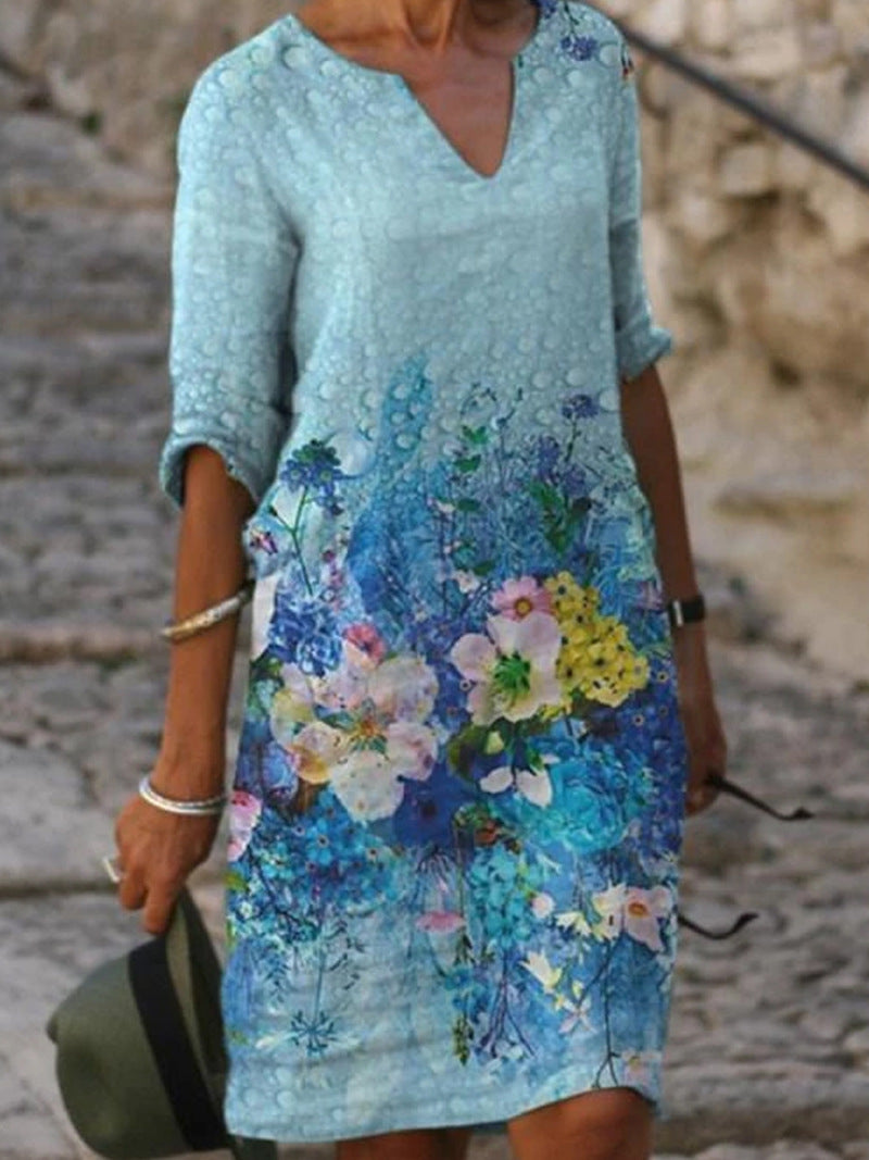 CD - Rochie fermecătoare din in cu model floral pentru femei