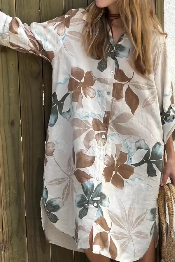 CD | Botanical Print Rochie midi lejeră cu mâneci lungi, cu o singură pieptănătură și buzunare