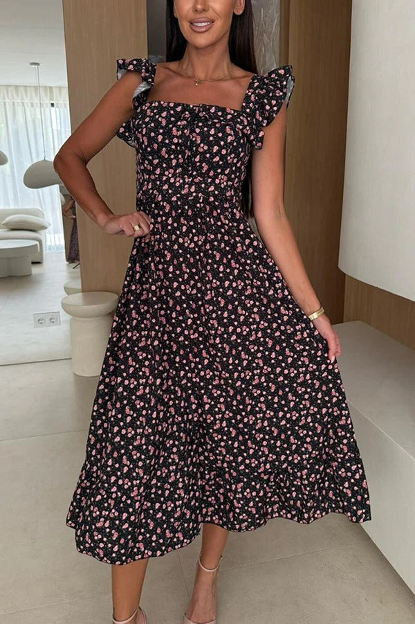 CD | Imprimeu floral Decolteu pătrat Rochie midi plisată pe spate