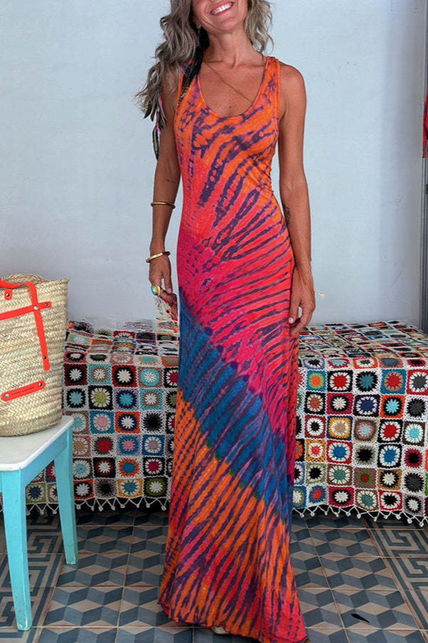 CD | Tie-dye imprimare lace-up spate fishtail tiv rochie maxi stretch