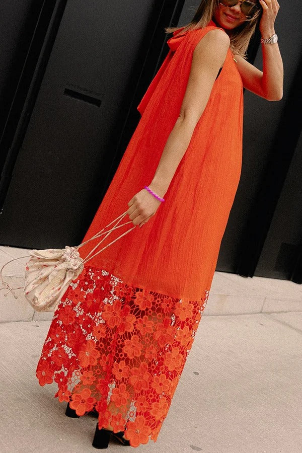 CD | Breezy Comfort cravată decolteu rochie maxi fără mâneci cu tiv dantelă florale