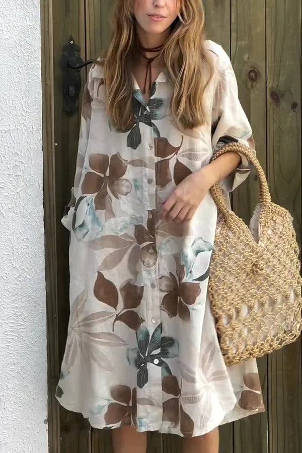 CD | Botanical Print Rochie midi lejeră cu mâneci lungi, cu o singură pieptănătură și buzunare