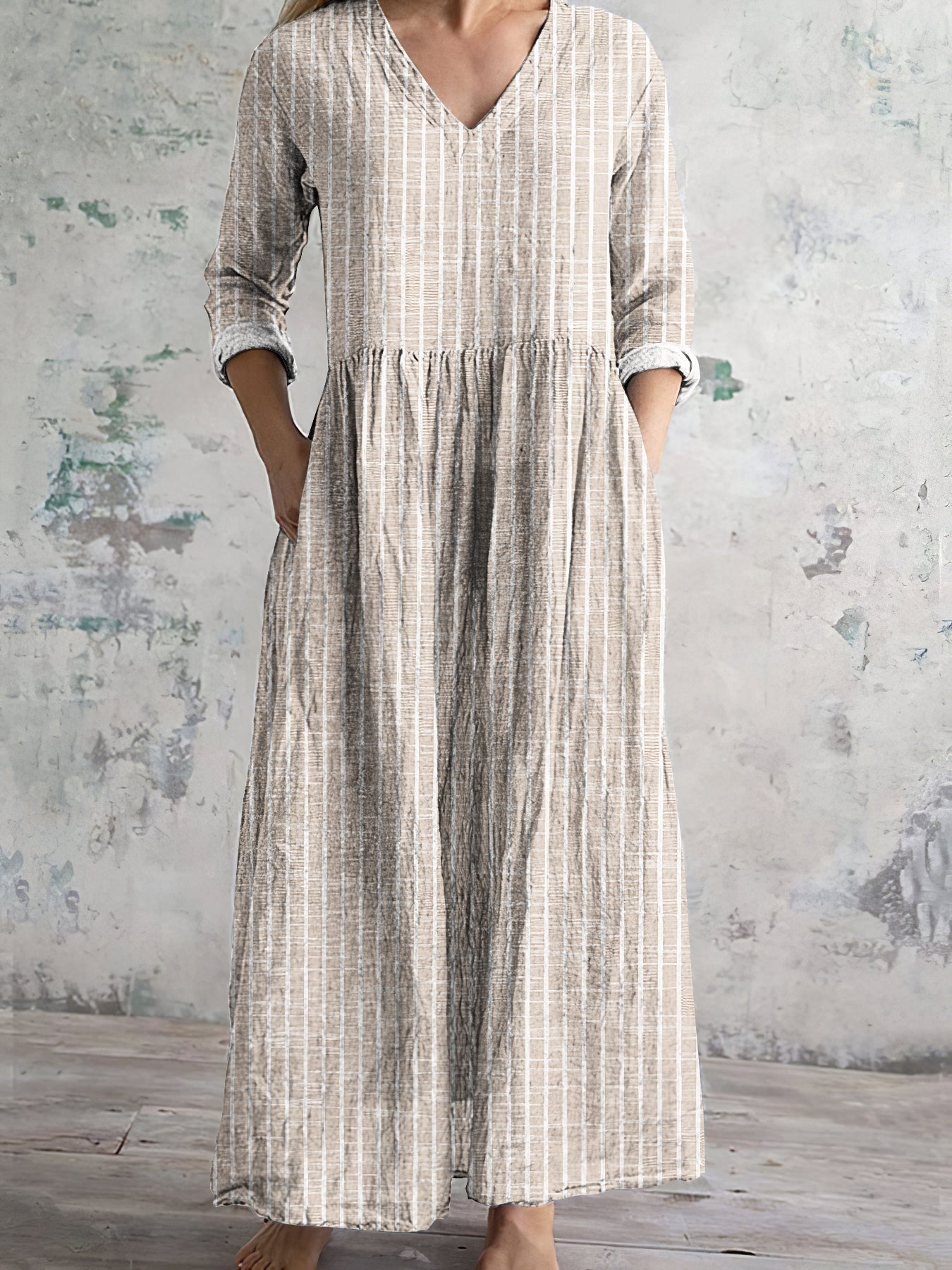 CD | Rochie maxi pentru femei - Fibre naturale - Ținută relaxată - Decolteu în V - Mâneci lungi - Cu dungi