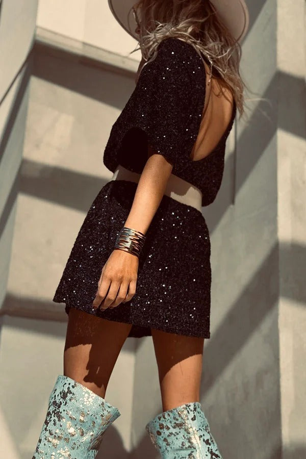 CD | Night Moves paiete tesatura mâneci scurte backless H-line rochie mini