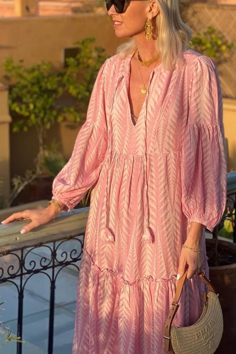 CD | Marrakech Stories Rochie midi imprimată în amestec de in, cu mâneci balon și buzunare A-line