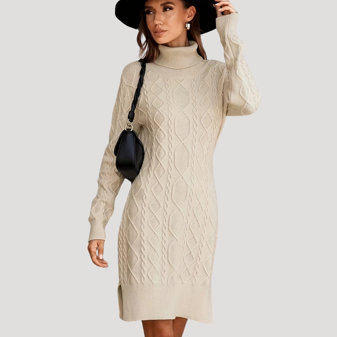 CD | Femeii cablu tricot cu guler înalt jumper rochie mini