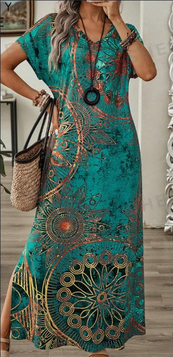 CD | Femei Vintage Floral Print V-Neck Batwing Sleeve Casual Rochie de vara Maxi Femei Rochii Rochie lunga