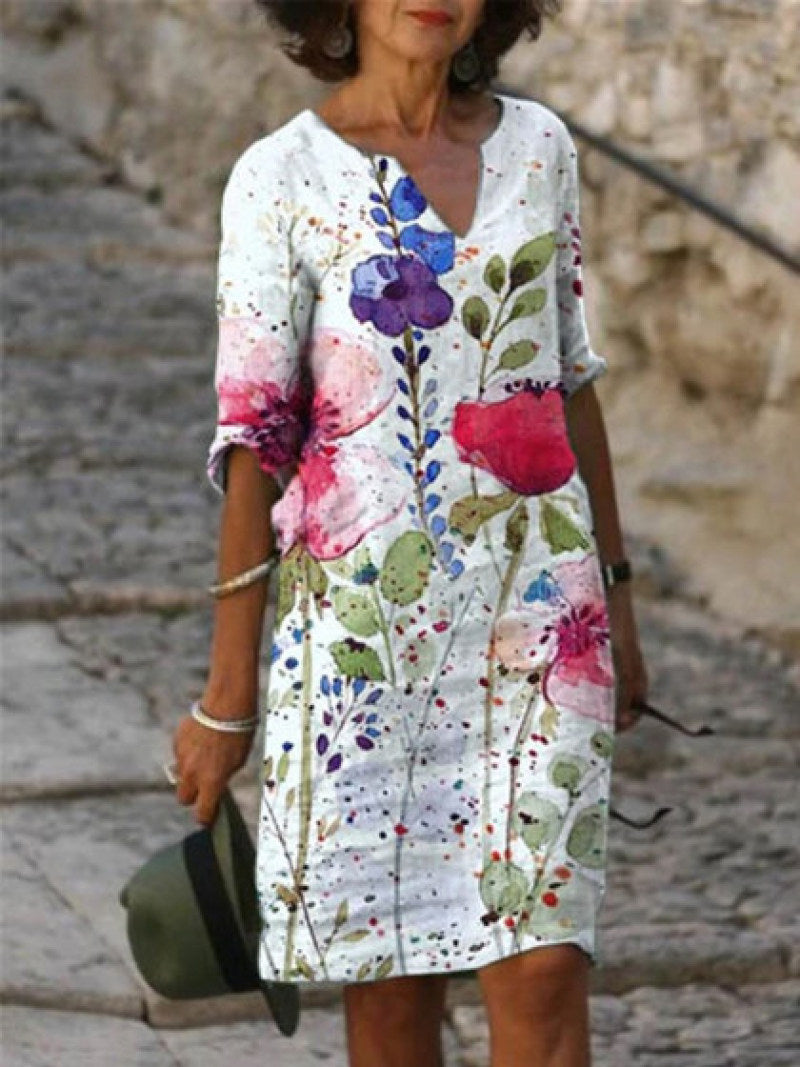 CD - Rochie fermecătoare din in cu model floral pentru femei