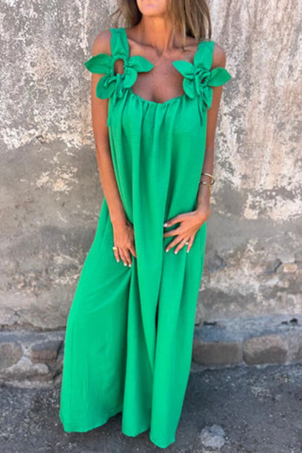 CD | Rochie Maxi solidă cu ornamente florale, fără mâneci, lejeră