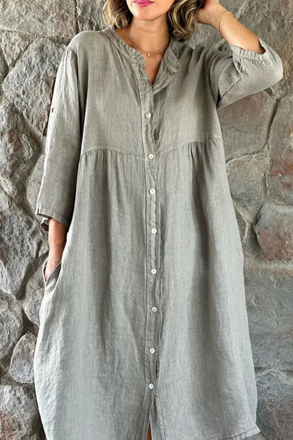 CD | bumbac lenjerie culoare solidă casual stand guler buton rochie lungă