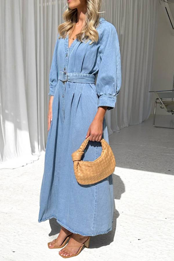 CD | Talie Rochie maxi casual din denim cu butonieră