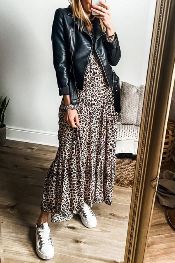 CD | Rochie maxi cu dungi și mâneci largi, cu imprimeu leopard, caise