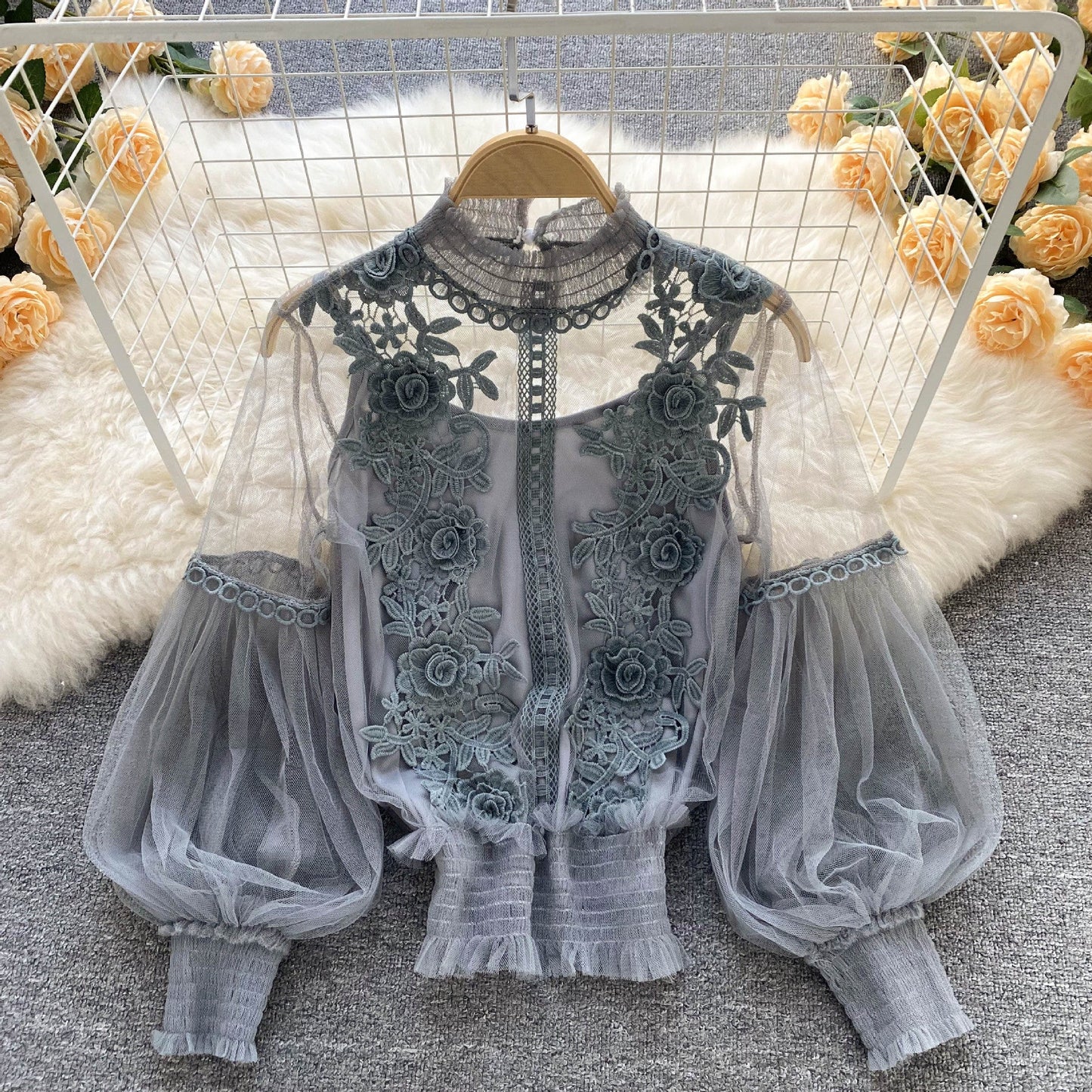 CD | Perspectivă Mesh Gauze Lantern Sleeve Slim scurt Top Femei Lace Leggings Undershirt