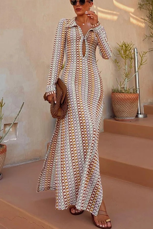 CD | Bondi plaja tricot colorat val de imprimare cu mânecă lungă de vacanță rochie maxi