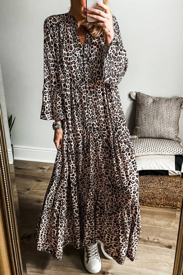 CD | Rochie maxi cu dungi și mâneci largi, cu imprimeu leopard, caise