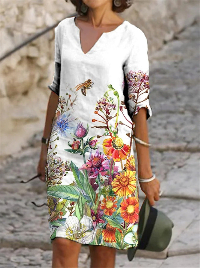 CD - Rochie fermecătoare din in cu model floral pentru femei
