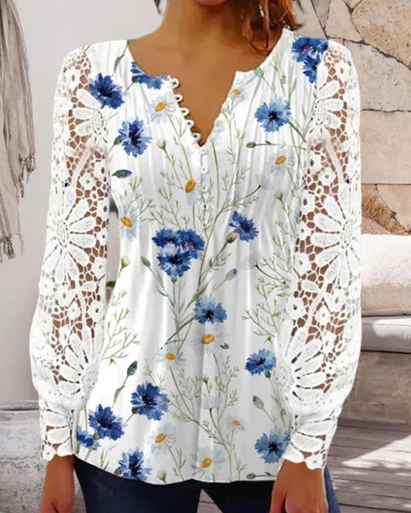 CD | Top elegant din dantelă cu decolteu în V și imprimeu floral