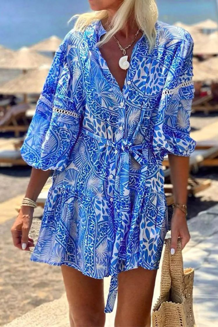 CD | Fashion Stand Up Collar Shift imprimate Resort Mini rochie