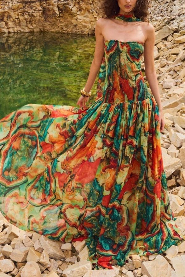 CD | Vacay Vibes Rochie maxi cu imprimare de lavă colorată, fără umeri, cu eșarfă smocked