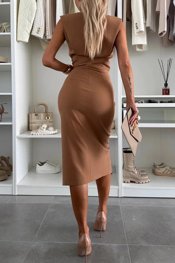 CD | Culoare solidă Decolteu rotund Fără mâneci Rochie midi slim-fit cu crăpătură