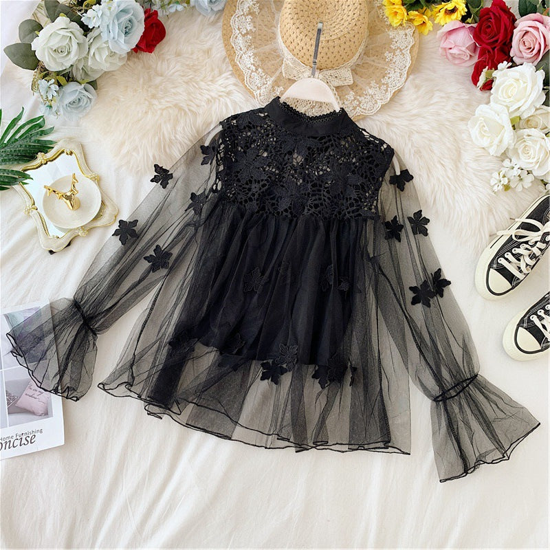 CD | Perspectivă Mesh Gauze Lantern Sleeve Slim scurt Top Femei Lace Leggings Undershirt