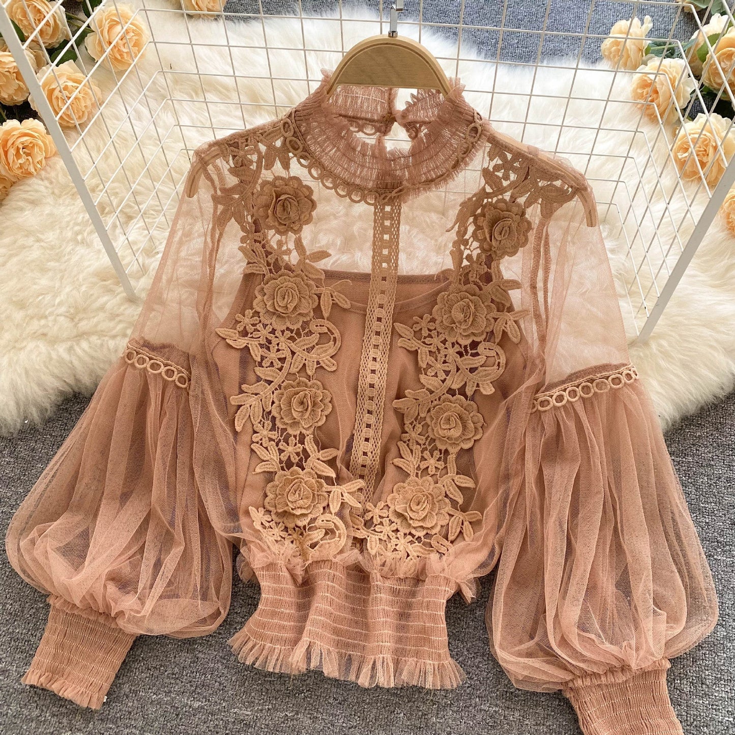 CD | Perspectivă Mesh Gauze Lantern Sleeve Slim scurt Top Femei Lace Leggings Undershirt
