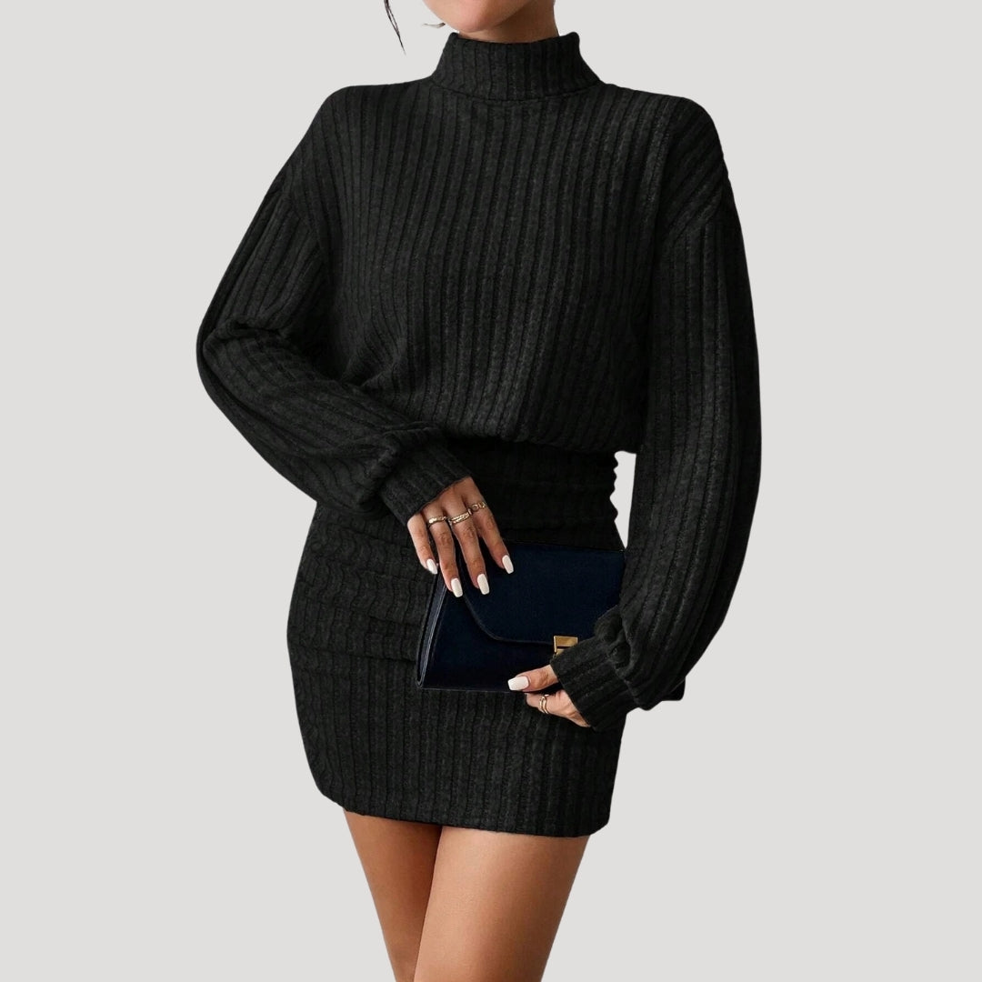 CD | Rochie mini cu guler înalt pentru femei din tricot de nervuri
