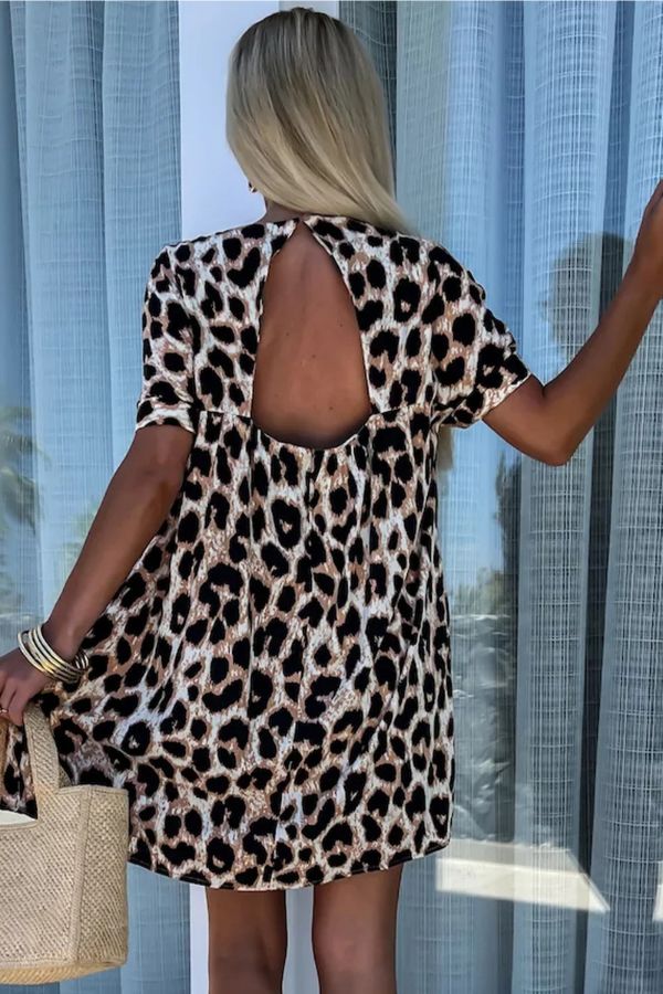 CD | Rochie mini cu decolteu în V, fără spate, cu imprimeu leopard kaki, cu croială largă