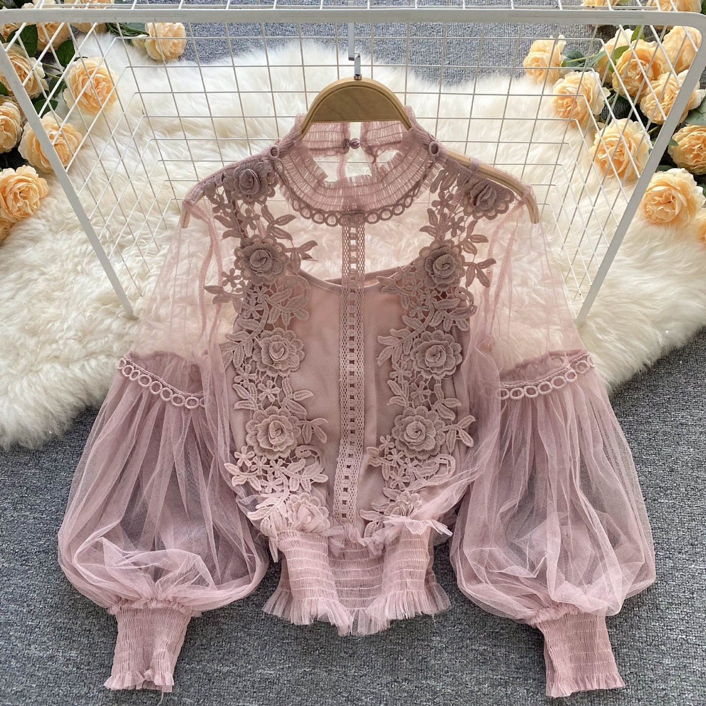CD | Perspectivă Mesh Gauze Lantern Sleeve Slim scurt Top Femei Lace Leggings Undershirt
