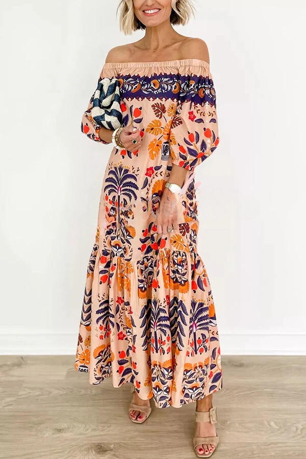CD | Island Lover Rochie midi imprimată, fluidă, fără umeri