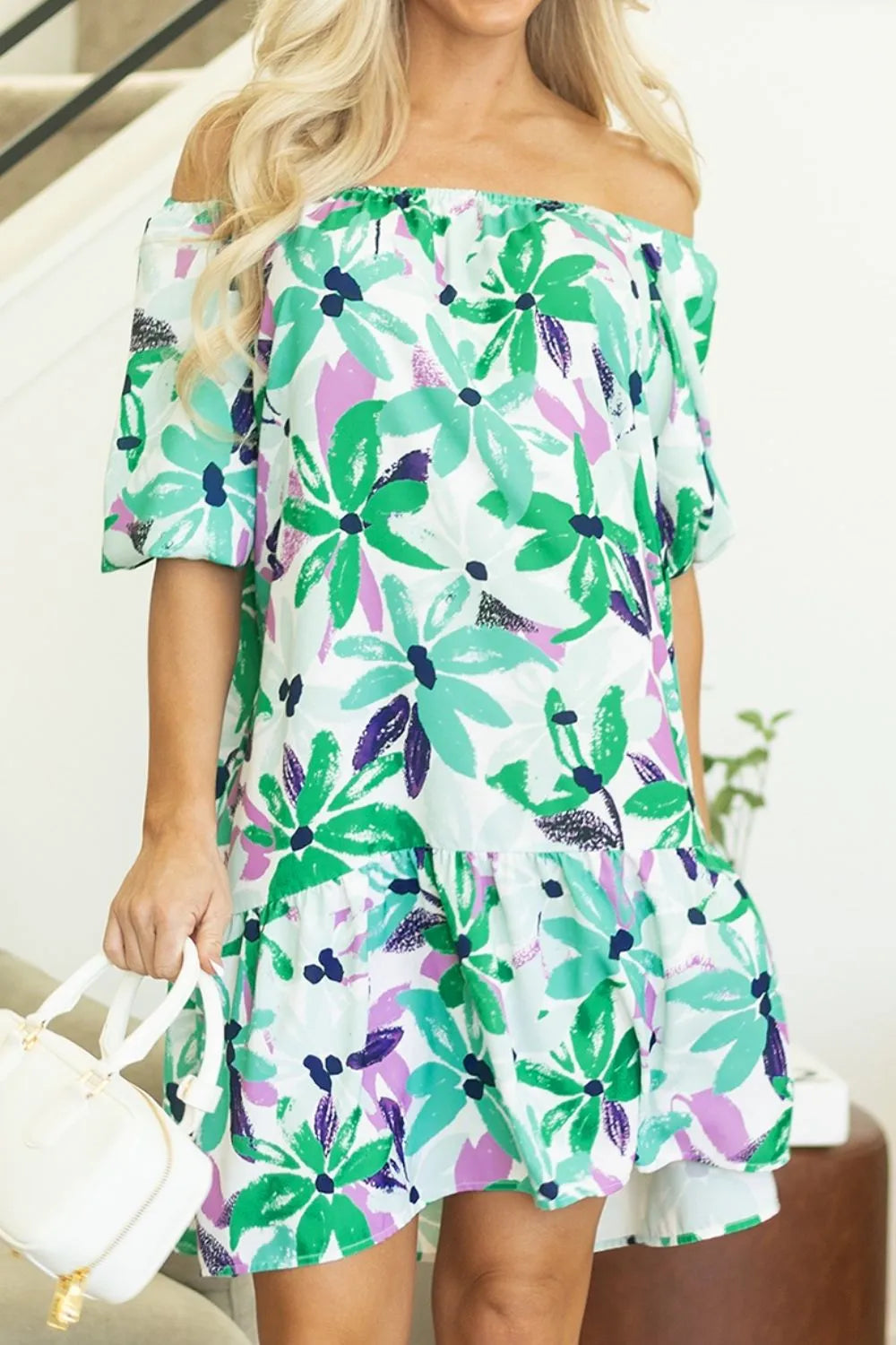 CD | Floral Print Gathered pătrat decolteu Loose-fit rochie mini