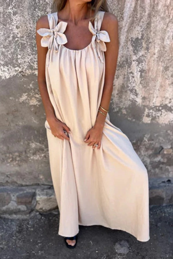 CD | Rochie Maxi solidă cu ornamente florale, fără mâneci, lejeră