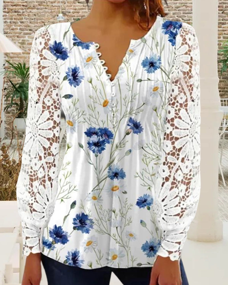 CD | Top elegant din dantelă cu decolteu în V și imprimeu floral