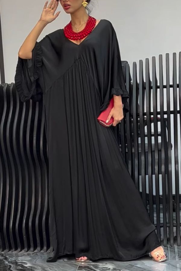 CD | satin culoare solidă v-neck frunze de lotus mâneci vrac plisat rochie maxi