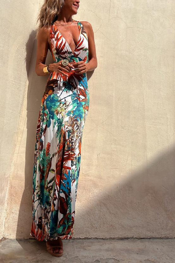 CD | RAINFOREST PARADISE TROPICAL PRINT DECOLTEU SPATE CROSSOVER STRETCH ROCHIE MAXI