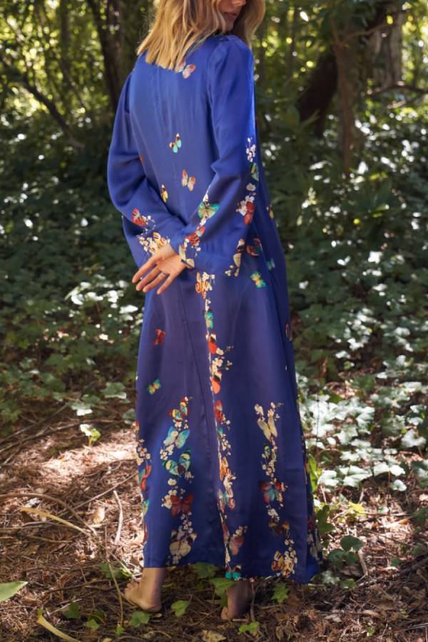 CD | Butterfly Print Navy Blue Rochie lungă cu mânecă lungă