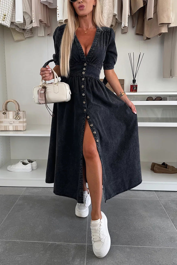 CD | Rochie midi din denim, culoare solidă, cu decolteu în V și buton jos